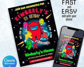 Among us birthday party invitation template, among us birthday invitate, aliens invite, ufo invitation, printable editable evite