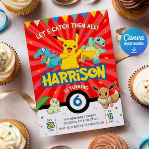 K&ouml;nnte beinhalten: Eine rote und wei&szlig;e Geburtstagseinladung mit einem Pok&eacute;mon-Thema. Die Einladung zeigt ein Pikachu, ein Squirtle und ein Bisasam. Der Text auf der Einladung lautet "Let's Catch Them All!" und "Harrison wird 6 Jahre alt". Die Einladung enth&auml;lt auch das Datum, die Uhrzeit und den Ort der Party.