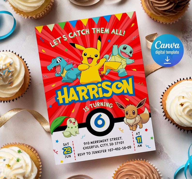 K&ouml;nnte beinhalten: Eine rote und wei&szlig;e Geburtstagseinladung mit einem Pok&eacute;mon-Thema. Die Einladung zeigt ein Pikachu, ein Squirtle und ein Bisasam. Der Text auf der Einladung lautet "Let's Catch Them All!" und "Harrison wird 6 Jahre alt". Die Einladung enth&auml;lt auch das Datum, die Uhrzeit und den Ort der Party.