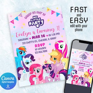 May include: A birthday party invitation featuring colorful cartoon ponies. The invitation includes the text "Evelyn is turning 3!" with event details. A smartphone displays the same invitation, with the words "Fast and Easy edit with your phone."