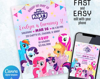 My Little Pony Birthday Invitation, Rainbow Dash, Pinkie Pie, Digital Editable Pony Party Invite, Printable Girls MLP Birthday Card
