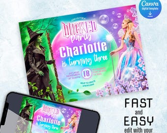Wicked verjaardagsuitnodiging, bewerkbare sjabloon, Glinda & Elphaba, Wicked Movie feestuitnodiging, afdrukbare uitnodiging, uitnodigingssjabloon