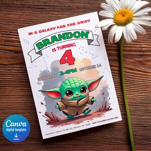 May include: A printable birthday invitation featuring a green cartoon character with large eyes and a brown robe. The invitation says "In a galaxy far far away Brandon is turning 4" and includes the date and time of the party.