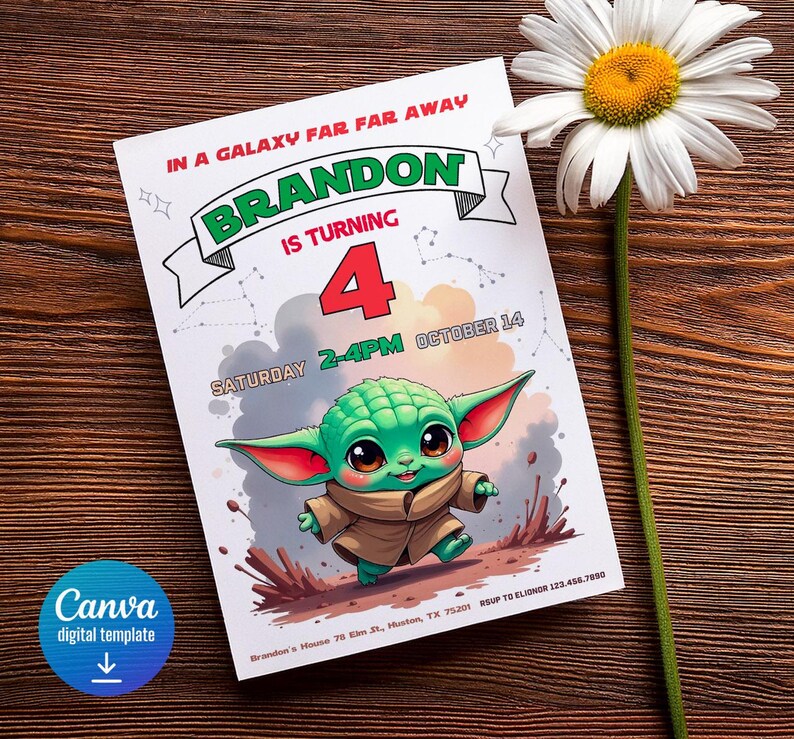 May include: A printable birthday invitation featuring a green cartoon character with large eyes and a brown robe. The invitation says "In a galaxy far far away Brandon is turning 4" and includes the date and time of the party.