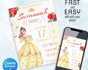 Princess Belle Birthday invitation, Girl editable invite template, castle printable invitation, beauty and beast party, belle rose invite