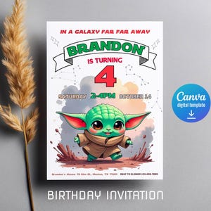 Baby yoda Birthday Invitation, Star wars invite, printable grogu invitation, printed invitation, editable Birthday Invite template image 2