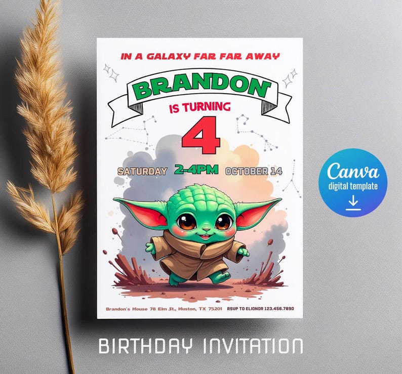 Baby yoda Birthday Invitation, Star wars invite, printable grogu invitation, printed invitation, editable Birthday Invite template image 2