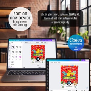 K&ouml;nnte beinhalten: Eine digitale Vorlage f&uuml;r eine Pok&eacute;mon-Geburtstagseinladung. Die Einladung hat einen roten Hintergrund mit einem Cartoon-Bild von Pikachu und anderen Pok&eacute;mon-Charakteren. Der Text "Let's Catch Them All!" und "Harrison wird 6 Jahre alt" ist auf der Einladung enthalten. Die Einladung ist so konzipiert, dass sie mit Canva bearbeitet und gedruckt werden kann.