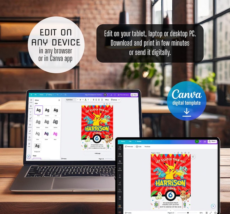 K&ouml;nnte beinhalten: Eine digitale Vorlage f&uuml;r eine Pok&eacute;mon-Geburtstagseinladung. Die Einladung hat einen roten Hintergrund mit einem Cartoon-Bild von Pikachu und anderen Pok&eacute;mon-Charakteren. Der Text "Let's Catch Them All!" und "Harrison wird 6 Jahre alt" ist auf der Einladung enthalten. Die Einladung ist so konzipiert, dass sie mit Canva bearbeitet und gedruckt werden kann.