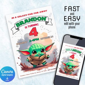 May include: A digital printable invitation for a 4th birthday party featuring a green cartoon character from Star Wars. The invitation says "In a galaxy far far away, Brandon is turning 4. Saturday 2-4pm October 14".