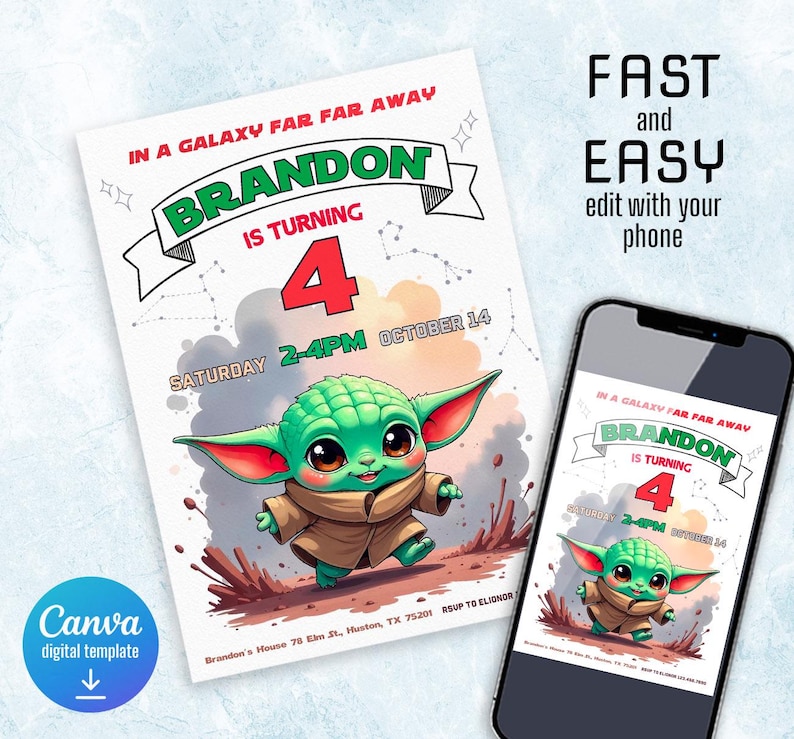 May include: A digital printable invitation for a 4th birthday party featuring a green cartoon character from Star Wars. The invitation says "In a galaxy far far away, Brandon is turning 4. Saturday 2-4pm October 14".