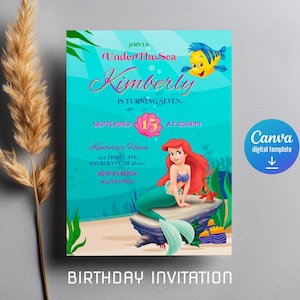 Princess Ariel Birthday invitation, Girl editable invite template, little mermaid printable invitation, under sea party, instant download