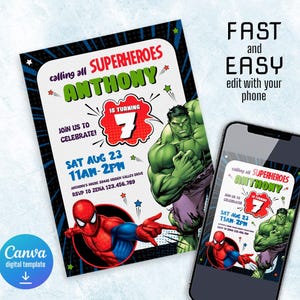 Printable Boy Birthday Invite, super hero Editable party Invitation, spiderman, hulk, captain america Invite template, avengers invitation