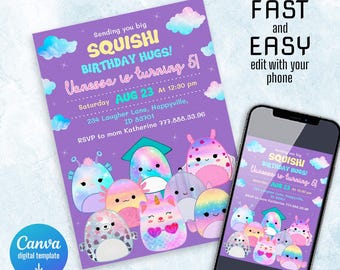 Może przedstawiać: Fioletowe zaproszenie na urodziny w stylu tęczy i brokatu. Zaproszenie przedstawia postać z kreskówki z czapką absolwenta i tekstem "Sending you big SQUISHI BIRTHDAY HUGS! Vanessa is turning 5! Saturday AUG 23 At 12:30 pm 234 Laugher Lane, Happyville, ID 83701 RSVP to mom Katherine 777.888.33.96"