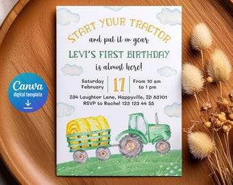 Tractor Birthday Invitation, Farm Theme Party, Editable Digital Card (Printable Canva Template 5x7")