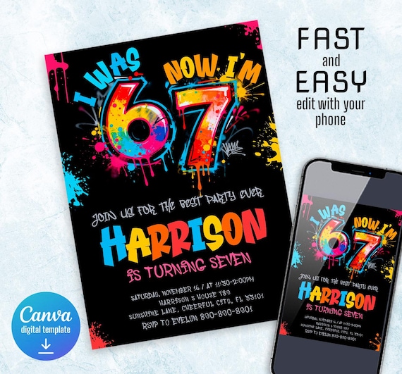 Six Seven Party birthday invitation, printable six seven invite, editable 6 7 meme Party template, digital template, girl boy birthday