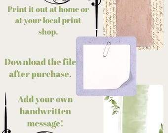 Puede incluir: Gráfico de descarga digital con texto: "Imprímelo en casa o en tu imprenta local. Descarga el archivo después de la compra. ¡Añade tu propio mensaje manuscrito!" Incluye una nota en blanco con un clip y elementos decorativos.
