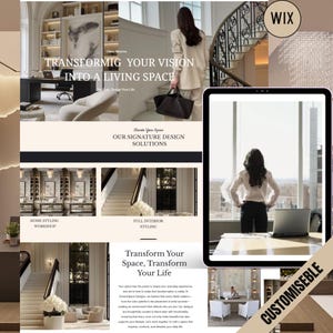Pode incluir: Uma captura de tela de um site que mostra serviços de design de interiores. O texto diz "Transforming Your Vision Into A Living Space" e "Elevate Your Space Our Signature Design Solutions". O site também apresenta imagens de um escritório em casa, uma escada e uma sala de estar.