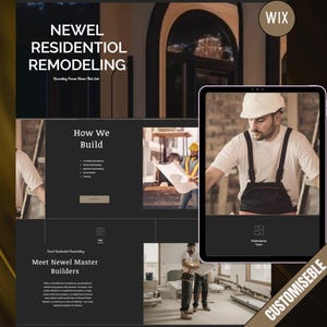 Könnte beinhalten: Ein Website-Design für ein Unternehmen für Wohnraumsanierung namens "Newel Residential Remodeling". Die Website verfügt über ein Schwarz-Weiß-Farbschema mit Bildern von Bauarbeitern und einem Tablet, auf dem die Website angezeigt wird. Der Text "How We Build" ist auf der Website zu sehen, zusammen mit einer Liste der angebotenen Dienstleistungen, darunter komplette Sanierung, Küchensanierung, Badsanierung und Malerei. Die Website zeigt auch den Text "Meet Newel Master Builders" und eine Beschreibung der Dienstleistungen des Unternehmens. Die Website ist anpassbar und zeigt das Wix-Logo.