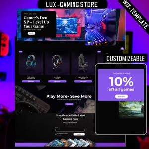Może przedstawiać: Strona główna witryny internetowej sklepu z grami o nazwie LUX-GAMING STORE. Witryna zawiera baner z tekstem "Gamer's Den XP - Level Up Your Game" i wezwanie do działania, aby kupić teraz. Witryna zawiera również sekcję z zestawami słuchawkowymi do gier, krzesłem do gier i klawiaturą. Witryna zawiera również sekcję z tekstem "Play More - Save More" i sekcję z tekstem "Stay Ahead with the Latest Gaming News". Witryna zawiera również tablet z tekstem "This Week's Deals 10% off all games Shop Now".