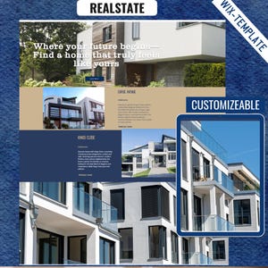May include: A website design template for real estate agents. The template features a blue and brown color scheme with images of modern homes. The text on the website reads "Where your future begins - Find a home that truly feels like yours." and "CUSTOMIZEABLE".