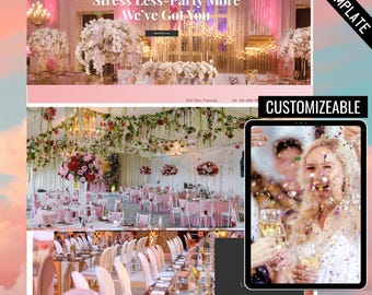 May include: A website screenshot for an event planning company. The website features a pink and white color scheme with images of a wedding reception and a couple celebrating with confetti. The text on the website reads "EVENT PLANNING - COMPANY", "Stress Less-Party More", "We've Got You", "CUSTOMIZEABLE", and "DISCOVER".