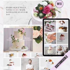 May include: A collage of images featuring various cakes decorated with flowers and other embellishments. The text "EVERY SLICE TELLS YOUR STORY MADE WITH LOVE JUST FOR YOU" is at the top of the collage. The text "SWEET MOMENTS, SWEETER TOGETHER EVERY BITE, A TASTE OF LOVE" is in the center of the collage. The text "WIX" is in the upper right corner of the collage. The text "CUSTOMISEBLE" is in the lower right corner of the collage.