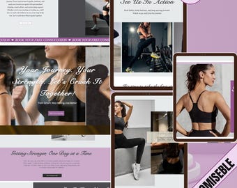 May include: Website screenshot showing a fitness studio's website with images of women working out and the text "See Us In Action" and "Your Journey. Your Strength. Let's Crush It Together!"