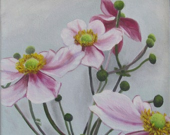 Japanese Anemone', 8" x 8" Original Acrylic Painting on Canvas, Flower Artwork Gift, Close up Flower, Intimate Space Art, Corner Decor