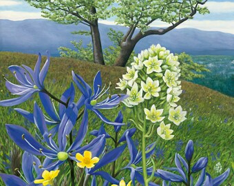 30 x 24 Camas Mountain Art Print, Giclee Canvas Print, Oil Painting, Artwork Home, Wild Flowers, Birthday Gift, Mothers Day Print, Wall Art