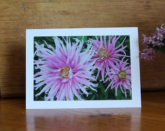 Dahlias, Photo Print Art card with envelope, Pink Dahlias Card, Mothers Day card, Birthday card, Condolences card, Close up Flower Painting