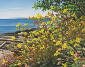 Mimulus by the Sea,  24" x 36" Original Acrylic Painting on Canvas, Artwork Home, Landscape Beach Art, Living room Decor, Yellow Wild Flower