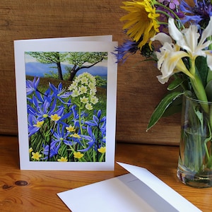 Montagne Camas, carte d'art impression photo avec enveloppe, image de fleurs sauvages de la Colombie-Britannique, carte de fête des mères, blanc à l'intérieur, carte d'anniversaire, carte de condoléances