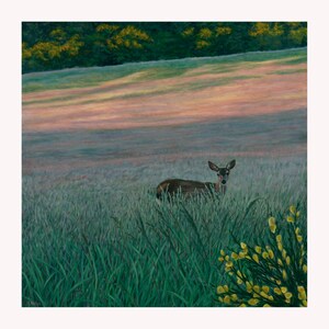 Evening Browse  24&quot; x 24&quot; Original Acrylic Painting on Canvas, Deer Artwork, Sunset Pastoral View, Living room Decor, Wildlife Painting,