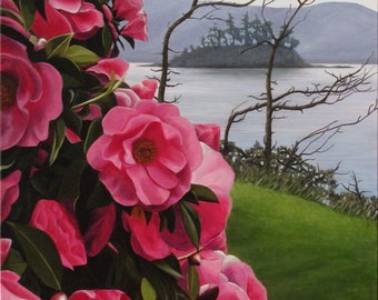 Camelia Islands, 36" x 24" Original Acrylic Painting on Canvas, Flower Artwork Home, Wall Art, Gift, Sea view Painting, Living room Decor