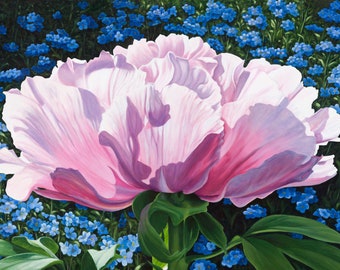 12 x 18 Peony on Blue Art Print on Canvas, Oil Painting, Flower Artwork Home, Gifts for Mother, Birthday Gift, Mothers Day Print, Wall Art