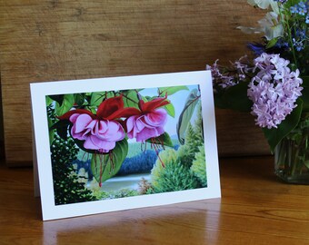 Fuchsia Lake, Photo Print Art Card, Pink Fuchsia Card, Landscape Card, Mother's Day Card, Any Occasion Card, Flower Closeup Painting,