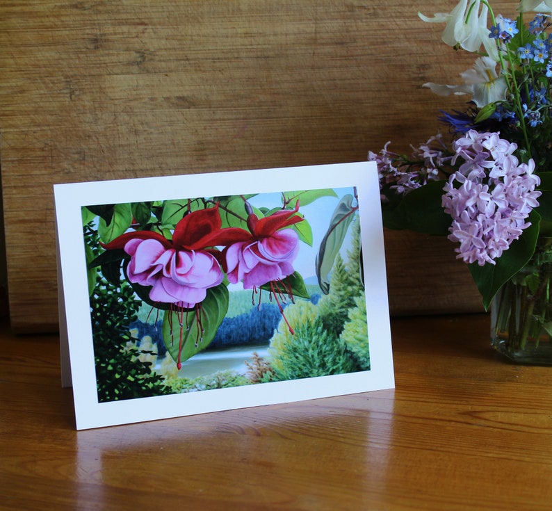 Fuchsia Lake, Photo Print Art Card, Pink Fuchsia Card, Landscape Card, Mother's Day Card, Any Occasion Card, Flower Closeup Painting, image 1