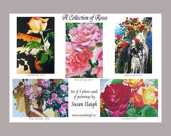 A Collection of Roses  5 Art cards, Photo print cards, Mothers Day card, Rose flowers, Blank inside, Birthday, Condolences, oil paintings