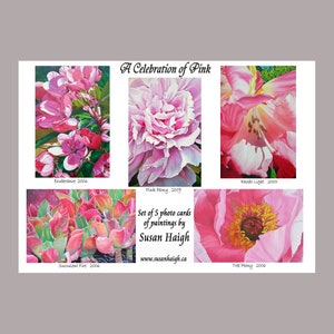 Une célébration du rose, lot de 5 cartes d'art, peintures originales, cadeau, occasion spéciale, fête des mères, cartes de fleurs roses, cartes d'impression photo,