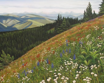 Mountain Meadow  24" x 36" Original Acrylic Painting on Canvas, Artwork Home, Horizontal Mountain View, Living room Decor, Native Flowers