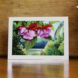 Fuchsia Lake, Photo Print Art Card, Pink Fuchsia Card, Landscape Card, Mother's Day Card, Any Occasion Card, Flower Closeup Painting, image 2