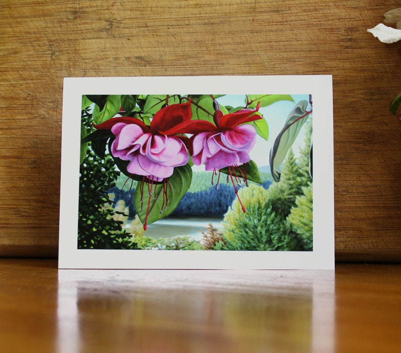 Fuchsia Lake, Photo Print Art Card, Pink Fuchsia Card, Landscape Card, Mother's Day Card, Any Occasion Card, Flower Closeup Painting, image 2