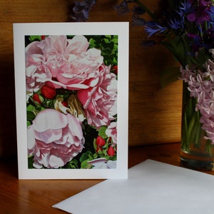 Premier et dernier fard à joues, carte d’art photo imprimée avec enveloppe, carte rose rose, carte de fête des mères, intérieur vierge, carte d’anniversaire, carte de condoléances