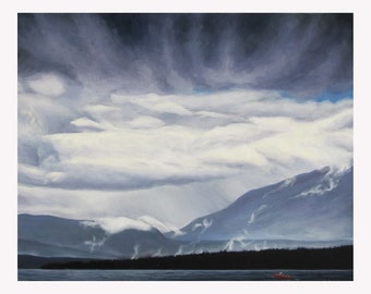 Grey Day, 16" x 20" Original Acrylic Painting on Canvas, Cloud Scene Artwork, Wall Art, Gift,  Island View , Livingroom Decor, Coastal Scene