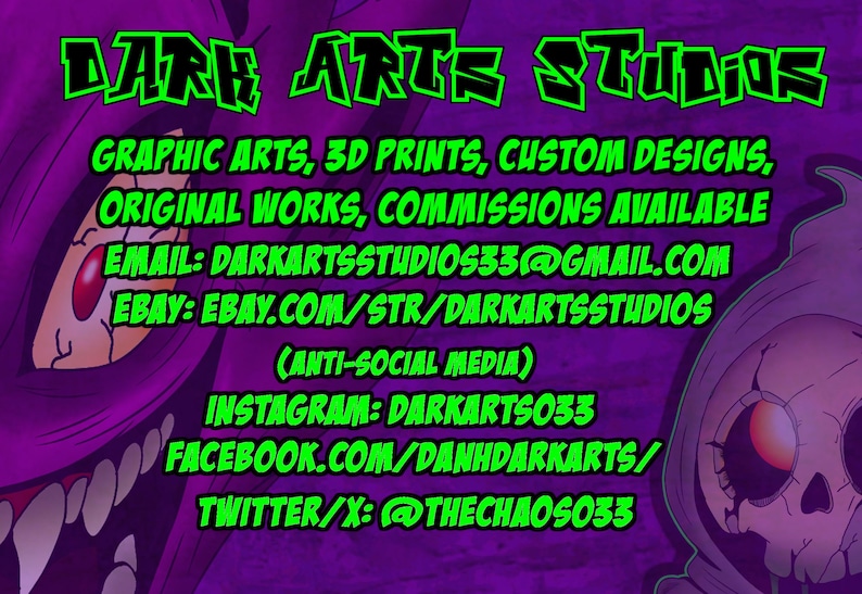 Puede incluir: Un fondo morado con texto verde que dice "DARK ARTS STUDIOS". El texto enumera servicios que incluyen artes gr&aacute;ficas, impresiones 3D y dise&ntilde;os personalizados. Se proporciona informaci&oacute;n de contacto, incluidos correo electr&oacute;nico y enlaces de redes sociales.