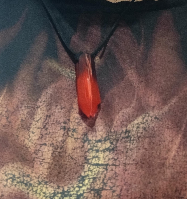 Puede incluir: Un collar con colgante rojo y cord&oacute;n oscuro. El colgante es de color rojo vibrante, con una forma ligeramente irregular. El collar se muestra sobre un fondo estampado.