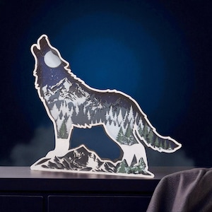 Layered Wolf Silhouette with Nighttime Forest Scene – Freestanding or Wall-Hanging Art