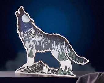 Layered Wolf Silhouette with Nighttime Forest Scene – Freestanding or Wall-Hanging Art