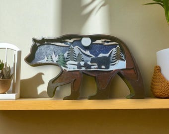 Layered Bear Silhouette with Forest Scene – Freestanding or Wall-Hanging Art